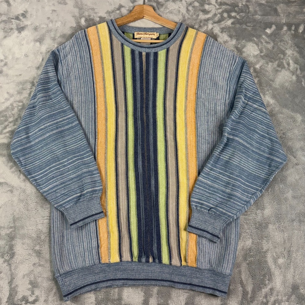Vintage Norm Thompson Mens Large Raised Stripe Sweater Cotton Acrylic